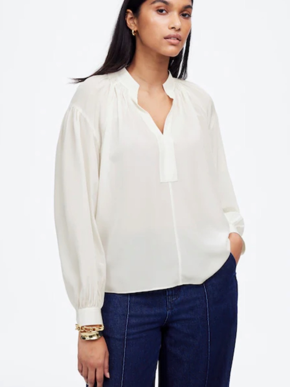 NWT Madewell Womens $148 Shirred Long-Sleeve Top Silk Winter White Size L flaw